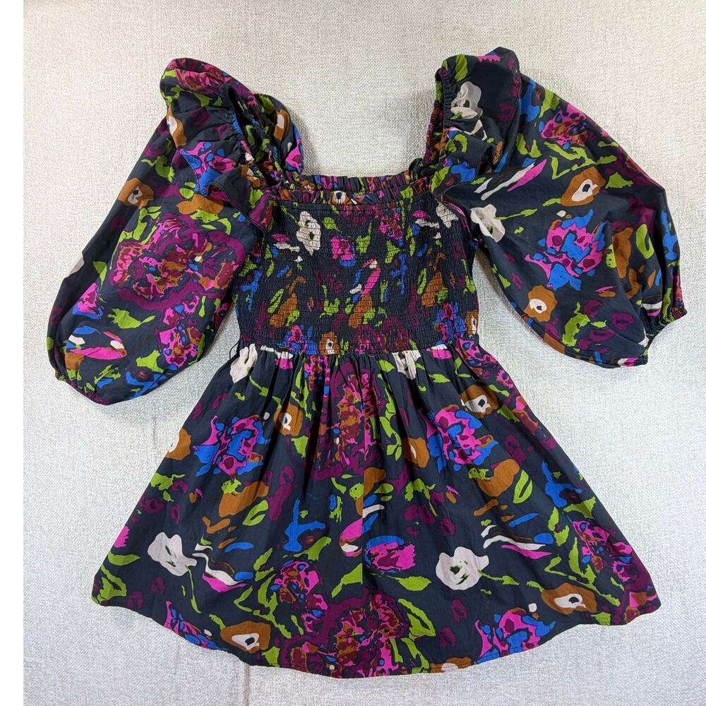 Cleobella Women's Medium Black Kira Floral Smocked Puff Sleeve Mini Dress Boho